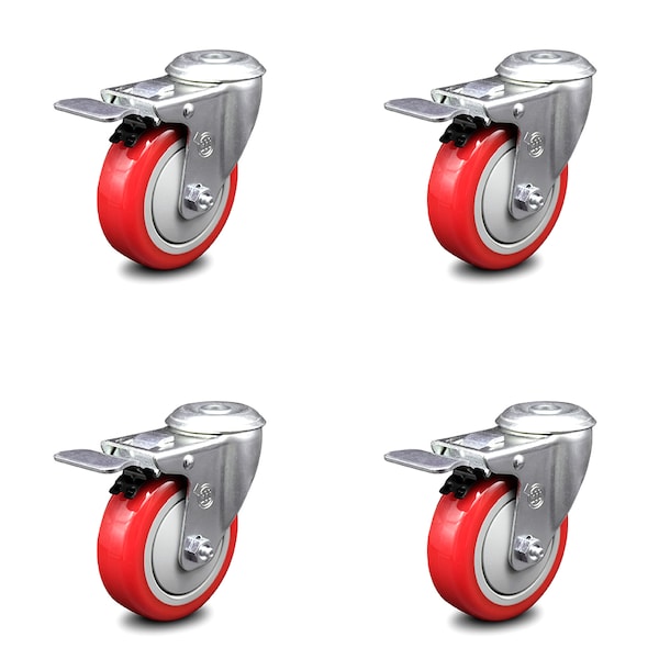 4 Inch Red Polyurethane Swivel Bolt Hole Caster Set with Total Lock Brake SCC